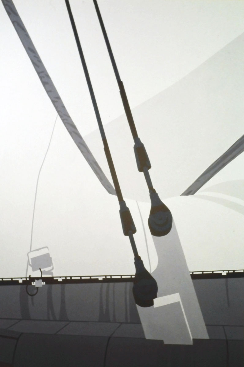 A hard-edge painting, closely cropped, of an anchored flexible roof.